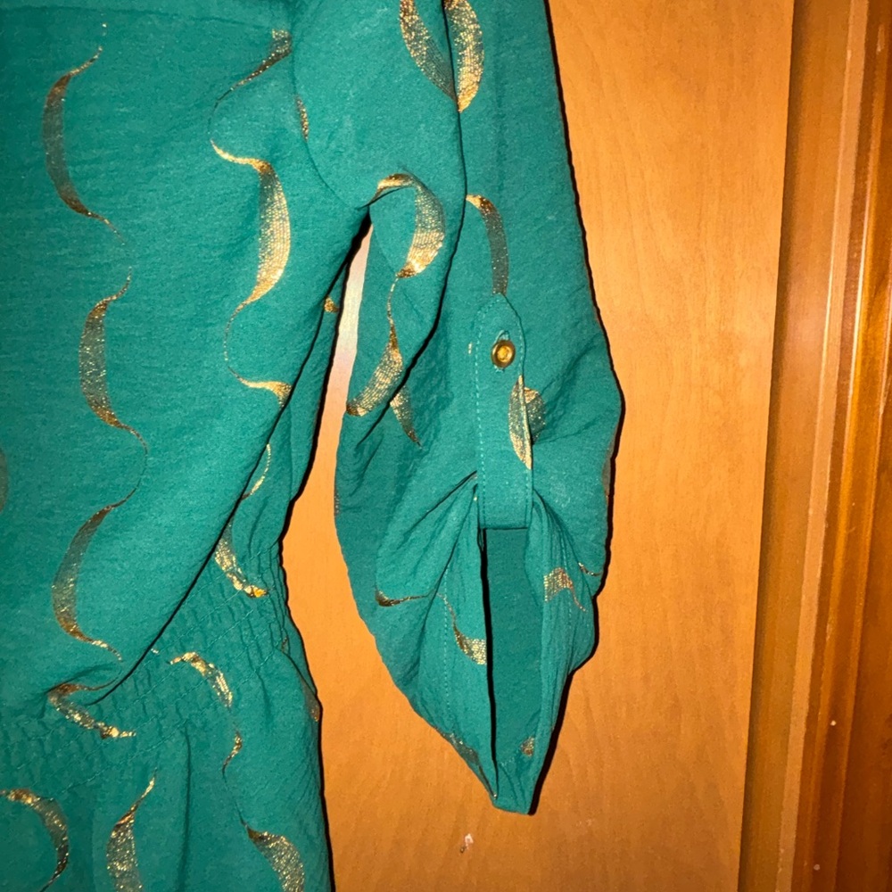Alex & Parker Emerald Green & Gold Wavy Crescent Blouse Top Size Small NWT - Picture 12 of 15